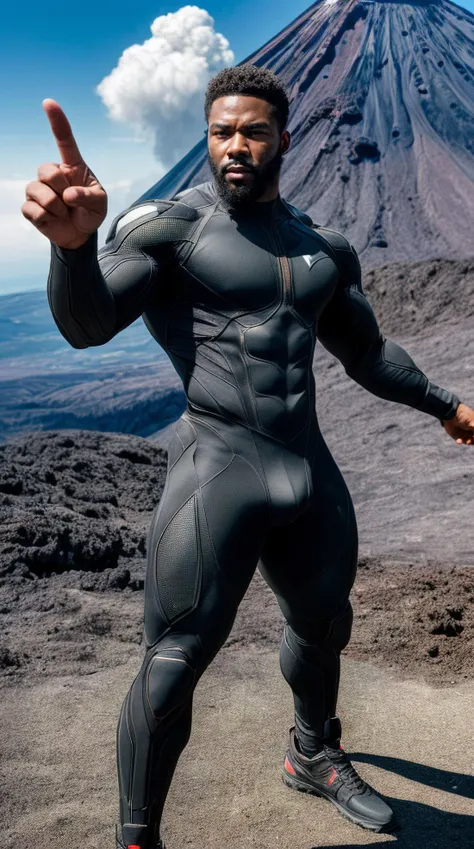 (masterpiece, top quality, best quality, ultra high res, realistic photography), futuristic, Black man, Wavy hair, Stocky body, Judge, at Volcano, Pointing pose, Vivid