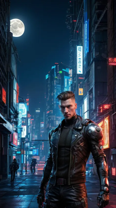 (masterpiece, top quality, best quality, ultra high res, realistic photography), cyberpunk, Caucasian man, Undercut, Slim body, Chemist, at The Moon, Shoulder forward pose, Vivid,