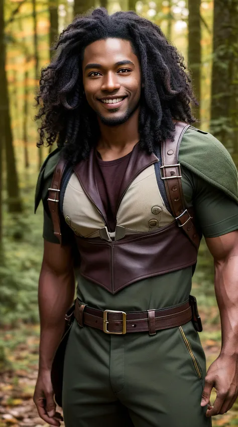 (masterpiece, top quality, best quality, ultra high res, realistic photography, photograph, DSLR Photography), high fantasy, Black man, Wavy hair, Busty body, Soldier, at Autum Forest, Smiling pose, Vivid,