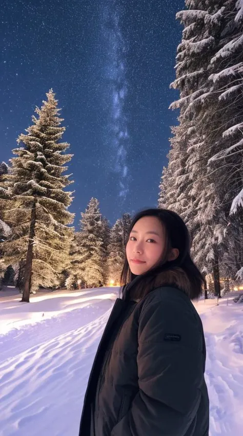 (masterpiece, top quality, best quality, ultra high res, photography, DSLR, DSLR Photography), Asian schoolgirl, winter coat, fur coat, small breasts, hard nipples, pubic hair, leaning forward, close to camera, vivid, starry night, night time, dark, cold, blushed, outdoors, winter, snow, pine trees, low camera angle, shot from below