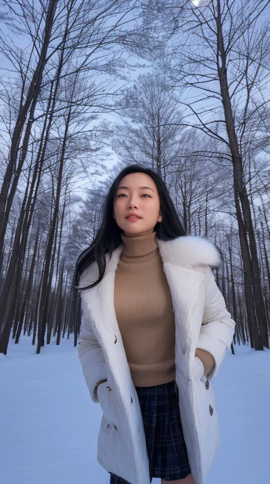 (masterpiece, top quality, best quality, ultra high res, photography, DSLR, DSLR Photography), Asian girl, winter coat, fur coat, small breasts, hard nipples, pubic hair, leaning forward, close to camera, vivid, starry night, night time, dark, cold, blushed, outdoors, winter, snow, pine trees, low camera angle, shot from below