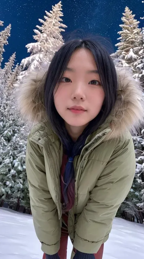 (masterpiece, top quality, best quality, ultra high res, photography, DSLR, DSLR Photography), heavy vignette, dirty lens, Asian girl, winter coat, fur coat, small breasts, hard nipples, pubic hair, vivid, starry night, night time, dark, cold, blushed, outdoors, winter, snow, pine trees, low camera angle, shot from below