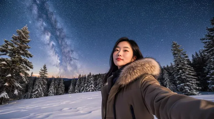 (masterpiece, top quality, best quality, ultra high res, photography, DSLR, DSLR Photography), Asian girl, winter coat, fur coat, Vivid, starry night, night time, dark, cold, blushed, outdoors, winter, snow, pine trees, low camera angle, shot from below