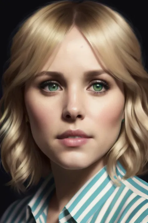 portrait photo of zpme2,(blue and green striped shirt), (dirty blonde hair), alluring portrait, intricate, highly detailed, digital painting, artstation, concept art, naughty, sharp focus, cinematic lighting, illustration, art by artgerm and greg rutkowski, alphonse mucha, cgsociety