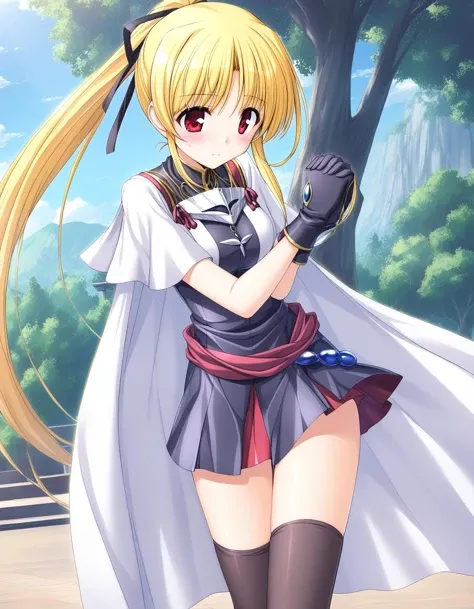 1girl,
<lora:sdxl-boldline:-1>,
<lora:sdxl2-flat2-512b:-1>
outdoor,
detail background,
dynamic pose,
(shy face:1.2),,
Standing with hands clasped behind the back,
hand on own knee,
BREAK,
solo,
<lora:yoakena_A3_XL_V1_0-000010:0.7>,
yoakena, cynthia marguerite, blonde hair, red eyes, ponytail, long hair,hair ribbon,
thighhighs, zettai ryouiki, ribbon,gloves, skirt, jewelry, white short sleeves,white cape,