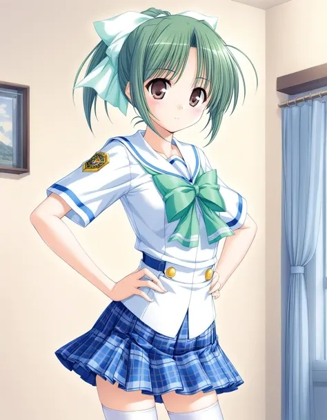 1girl,
<lora:sdxl-boldline:-1>,
<lora:sdxl2-flat2-512b:-1>
indoor,
cowboy shot,
detail background,
dynamic pose,
expressionless,
Standing with hands on hips,
hand to own mouth,
BREAK,
solo,
<lora:yoakena_A3_XL_V1_0-000010:0.7>,
yoakena, tooyama midori, green hair, brown eyes, ponytail,hair ribbon,short hair,
school uniform,bow, pleated skirt,serafuku,bowtie, blue skirt, white shirt, short sleeves, zettai ryouiki,white thighhighs,plaid skirt,