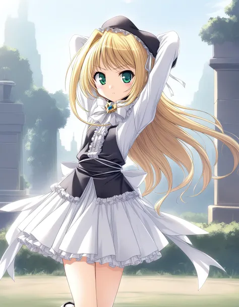 1girl,
<lora:sdxl-boldline:-1>,
 <lora:sdxl2-flat2-512b:-1>
outdoor,
cowboy shot,
detail background,
dynamic pose,
serious,
Standing with one foot in front of the other,
arms behind head,
BREAK,
solo,
 <lora:yoakena_A3_XL_V1_0-000010:0.7>,
yoakena, wreathlit noel, blonde hair, long hair, green eyes, flat chest,
dress, hat, boots, long sleeves, ribbon, frills, jewelry,