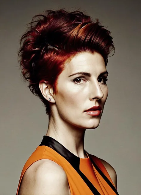 portrait of sks woman by Flora Borsi, style by Flora Borsi, bold, bright colours, orange Mohawk haircut, ((Flora Borsi)), <lora:locon_tamsin_v1_from_v1_64_32:1.3>