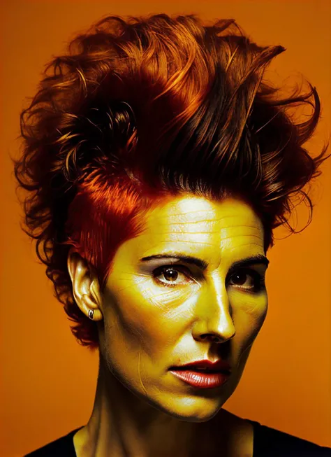portrait of sks woman by Flora Borsi, style by Flora Borsi, bold, bright colours, orange Mohawk haircut, ((Flora Borsi)), <lora:locon_tamsin_v1_from_v1_64_32:1.3>