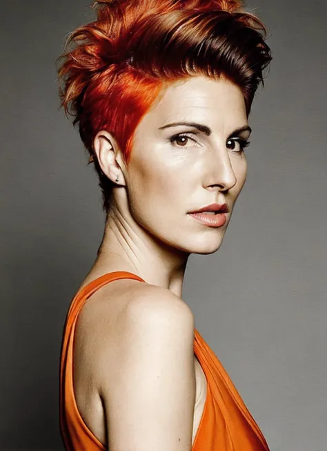 portrait of sks woman by Flora Borsi, style by Flora Borsi, bold, bright colours, orange Mohawk haircut, ((Flora Borsi)), <lora:locon_tamsin_v1_from_v1_64_32:1.3>