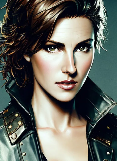 modelshoot style, illustration of sks woman as thief in leather armor, smirk, beautiful detailed eyes, cinematic, drawn by Greg Rutkowski, Yoji Shinkawa:0.6, vibrant colors, <lora:locon_tamsin_v1_from_v1_64_32:1.3>