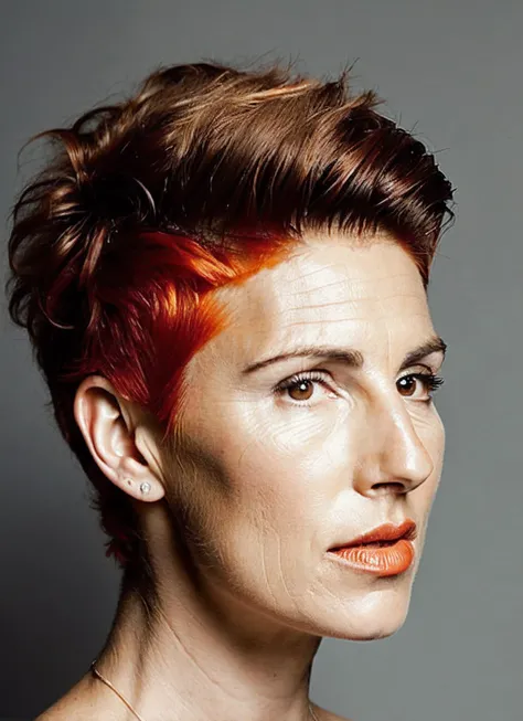 analog style, modelshoot style, portrait of sks woman by Flora Borsi, style by Flora Borsi, bold, bright colours, orange Mohawk haircut, ((Flora Borsi)), <lora:locon_tamsin_v1_from_v1_64_32:1.3>