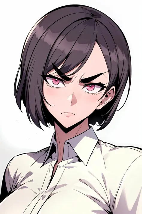 masterpiece, best quality, 1girl, <lora:Baek_Seolin-000008:0.8> thg-seolin, short hair, black hair, [pink eyes], white shirt, portrait, angry, v-shaped eyebrows, simple background