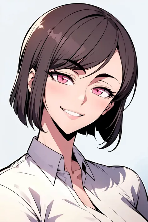 masterpiece, best quality, 1girl, <lora:Baek_Seolin-000008:0.8> thg-seolin, short hair, black hair, [pink eyes], white shirt, portrait, smile, simple background