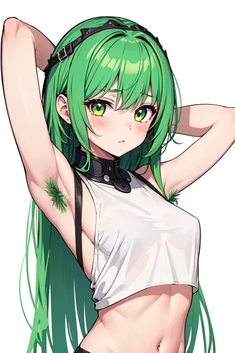 1girl,white background,(arms behind head:1.3)
green hair
<lora:ArmpitHair_Dim_1024:1>green armpit hair