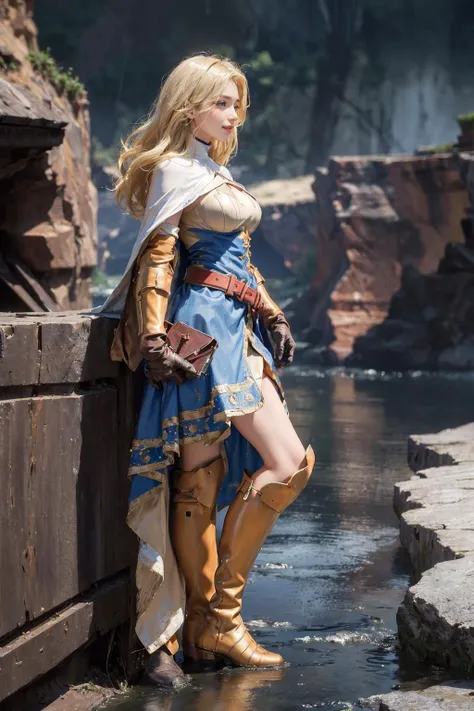 ,(8k raw photo, realistic , photo realistic:1.5)
,(ultra-detailed blonde hair, many detailed tangle hair streak)
,huge breast,dynamic angle,dynamic pose
,looking at viewer,cowboyshot,standing,short focus lens
, <lora:FinalFantasy_FemaleKnight:0.9>KnightFFT, long hair, blonde hair, blue eyes, cape, armor, blue dress, belt, gloves, boots
,(breast focus,from side:1.3)
( Bridge in the canyon at rainy night background)