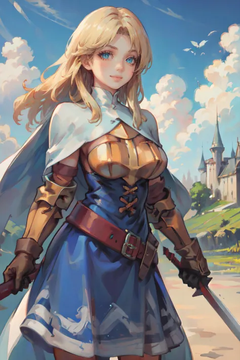 (masterpiece, best quality, ultra detailed, beautiful illustration), atmospheric perspective, depth of field, looking at viewer, beautiful detailed eyes, anime eyes:1.4, (cowboy shot), action pose, dynamic angle, (outdoors, castle, blue sky, clouds), 1girl, smile, (large breasts), <lora:FinalFantasy_FemaleKnight:1>, KnightFFT, long hair, blonde hair, blue eyes, cape, armor, blue dress, belt, gloves, boots, holding a sword,