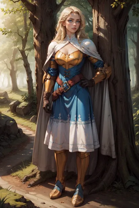 (masterpiece, best quality, 4k, detailed, intricate, realistic),outside,forest,dappled sunlight,serious,1girl,KnightFFT,long hair, blonde hair, blue eyes, white cape, armor, blue dress, belt, gloves, boots  <lora:FinalFantasy_FemaleKnight:0.8>