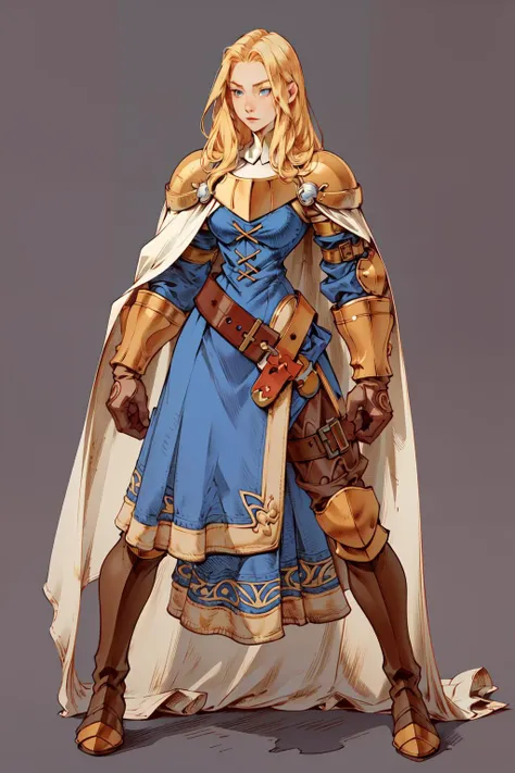 (masterpiece, best quality, absurdres, 4k, aesthetic, detailed, intricate),simple background,1girl,KnightFFT,long hair, blonde hair, blue eyes, cape, armor, blue dress, belt, gloves, boots  <lora:FinalFantasy_FemaleKnight:0.8>   <lora:FFTJobs:0.8>