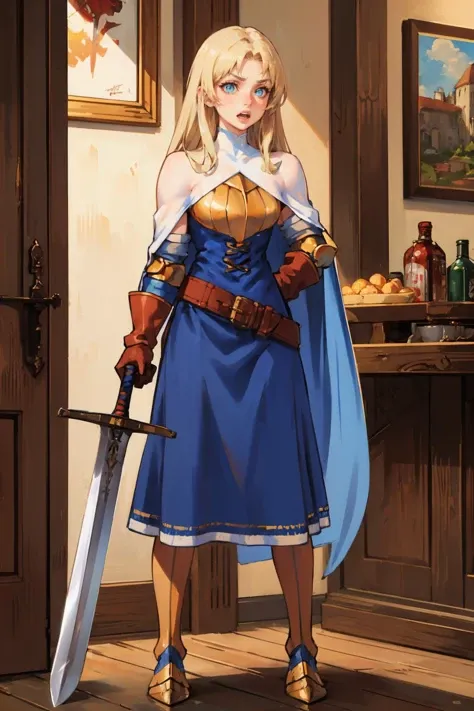 masterpiece, best quality,  <lora:FinalFantasy_FemaleKnight:0.9> KnightFFT, long hair, blonde hair, blue eyes, cape, armor, blue dress, belt, gloves, boots, tavern, cowboy shot, holding sword, furrowed brow, open mouth, sword