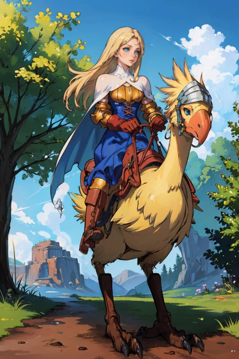 masterpiece, best quality, <lora:FinalFantasy_FemaleKnight:0.9> KnightFFT, long hair, blonde hair, blue eyes, cape, armor, blue dress, belt, gloves, boots, blue sky, forest <lora:chocobo-nvwls-v1:0.8> riding chocobo, chocobo