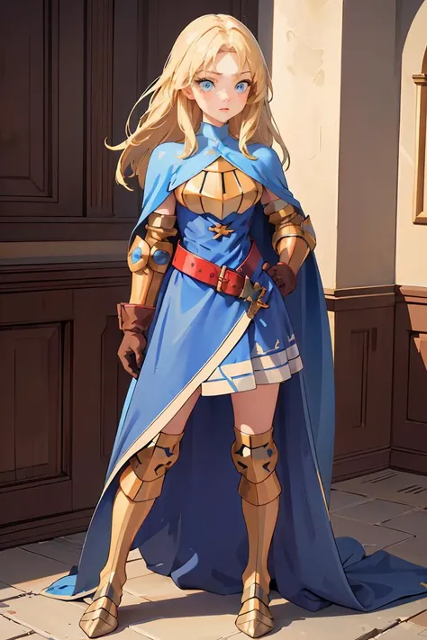 (masterpiece, best quality), 1girl, <lora:FinalFantasy_FemaleKnight:1> KnightFFT, long hair, blonde hair, blue eyes, cape, armor, blue dress, belt, gloves, boots,