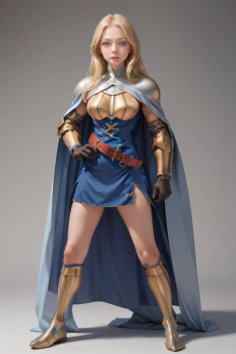 (masterpiece, best quality), 1girl, <lora:FinalFantasy_FemaleKnight:1> KnightFFT, long hair, blonde hair, blue eyes, cape, armor, blue dress, belt, gloves, boots,