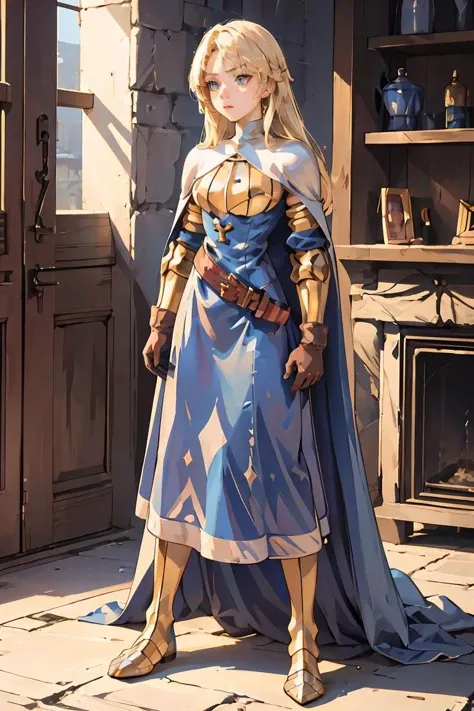 (masterpiece, best quality), 1girl, <lora:FinalFantasy_FemaleKnight:1> KnightFFT, long hair, blonde hair, blue eyes, cape, armor, blue dress, belt, gloves, boots,