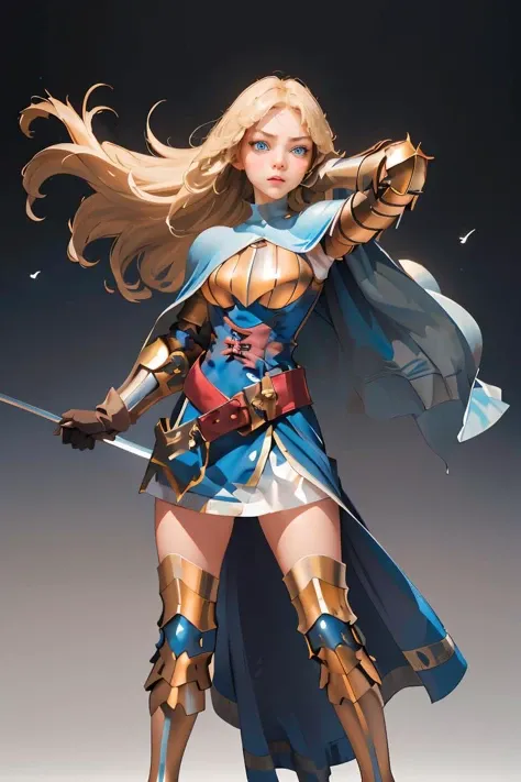 (masterpiece, best quality), 1girl, <lora:FinalFantasy_FemaleKnight:1> KnightFFT, long hair, blonde hair, blue eyes, cape, armor, blue dress, belt, gloves, boots,