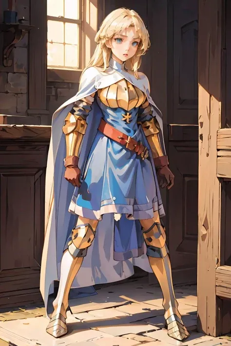 (masterpiece, best quality), 1girl, <lora:FinalFantasy_FemaleKnight:1> KnightFFT, long hair, blonde hair, blue eyes, cape, armor, blue dress, belt, gloves, boots,