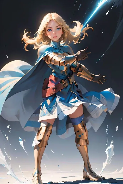 (masterpiece, best quality), 1girl, <lora:FinalFantasy_FemaleKnight:1> KnightFFT, long hair, blonde hair, blue eyes, cape, armor, blue dress, belt, gloves, boots,