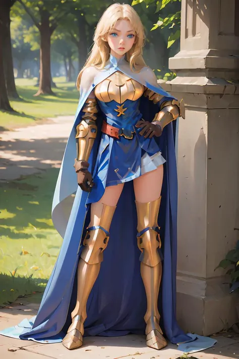 (masterpiece, best quality), 1girl, <lora:FinalFantasy_FemaleKnight:1> KnightFFT, long hair, blonde hair, blue eyes, cape, armor, blue dress, belt, gloves, boots,
