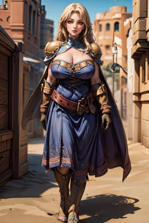(masterpiece, 8k, 4k, extremely detailed, best quality, absurdres:1.4) nice hands, perfect hands, 1girl, mature, milf, (huge tits:1.3),<lora:more_details:1> <lora:ffxii-nvwls-v1:lbw=outall:1> 12style, desert, city, castle, sand, background out of focus, depth of field, <lora:FinalFantasy_FemaleKnight:lbw=inall:0.8> KnightFFT, long hair, blonde hair, blue eyes, cape, armor, blue dress, belt, gloves, boots,