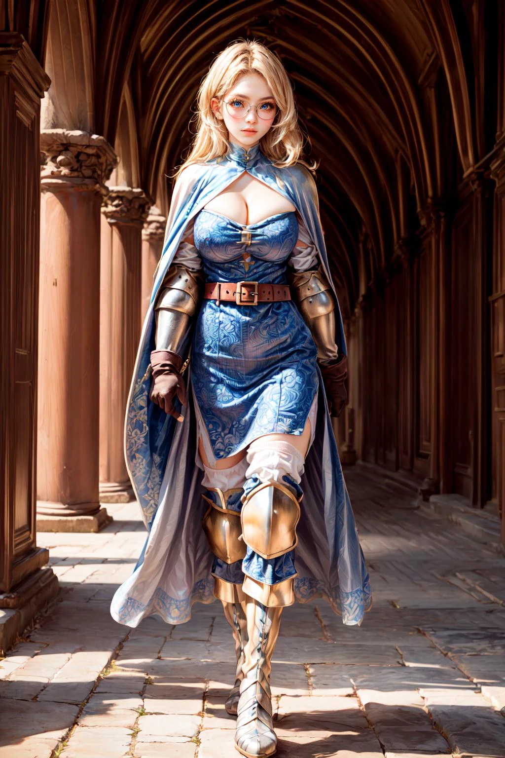 <lora:FinalFantasy_FemaleKnight:0.86>, ((KnightFFT, long hair, blonde hair, blue eyes, cape, armor, blue dress, belt, gloves, boots, holding sword)):1.22,
BREAK((1woman, adorable, cute , clear face, solo), (full body:1.35), ((a woman wearing a sliver clear glasses):1.2)),
BREAK(perfect(anatomy,body,face,hand,leg,foot,finger),(yellow eyes, multicolored hairs, very long hairs):1.2, cleavage),
BREAK(soft light, light on face, cinematic lighting,dynamic angle, dynamic posture, detailed shadow, detailed lightning, (wide view, wide-angle lens)),
BREAK(beautiful detailed woman, glossy pink lips, (milky skin, shiny skin):1.25, makeup, blush,eyeliner, eyeshadow, eyelashes, textured skin, collarbone, perfect skin)
BREAK(<lora:more_details:0.7>, extremely detailed, CG, 8k Amazing, finely detail, (masterpiece:2.0, best quality), (intricate details, depth of field)),
BREAK((<lora:uber_saggy2:0.66>, saggy, sagging_breasts, (huge breasts))),
in sword practice field, detailed training ground, day, medieval barrack, zoom out,