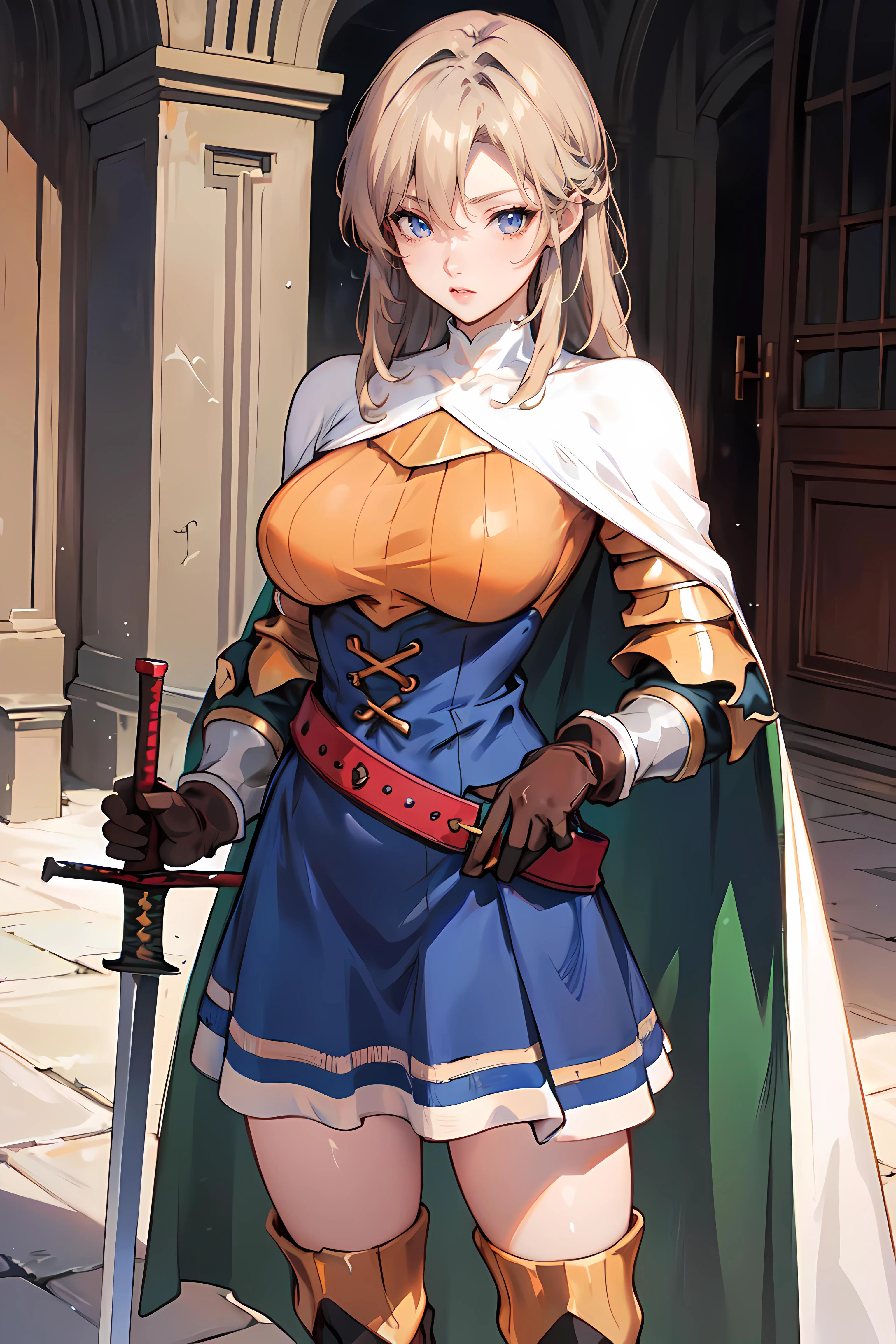 anime artwork anime artwork masterpiece,best quality, unreal engine, ultra res, extremely detailed,
1girl, solo, waist, (slender:1.4), (muscular:0.8)
<lora:hews style by goofy ai:0.4><cutesexyrobutts_v2:0.2><lora_puuzaki-puuna-lora-v1:0.2>
<lora:Round_Breasts_V7:0.4>
ROUND BREASTS, big BREASTS, thigh
<lora:FinalFantasy_FemaleKnight:0.5>
KNIGHTFFT, CAPE, ARMOR, BLUE DRESS, BELT, GLOVES, BOOTS,
holding sword, . anime style, key visual, vibrant, studio anime, highly detailed