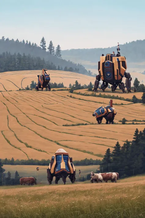 <lora:Stalenh4g:0.94>,Stalenh4g,Imagine a peaceful,countryside landscape,where rolling hills and lush fields stretch as far as the eye can see. Yet,amidst the rustic charm,towering mechas stand as sentinels,guardians of the pastoral beauty. Craft an evocative scene that captures the stable diffusion of these colossal machines within the tranquil countryside,blending the majesty of nature with the marvel of technology in the distinctive style of Simon Stålenhag,masterpiece,best quality,