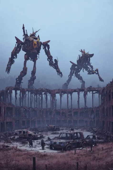 <lora:Stalenh4g:0.94>,Stalenh4g,Embark on an imaginative journey to a post-apocalyptic world where serene,decaying landscapes stretch as far as the eye can see. Among the remnants of civilization,colossal mechas emerge from the ruins,their metallic frames contrasting with the desolation. Render a vivid scene that encapsulates the stable fusion of awe-inspiring mechas and the haunting,desolate beauty of this world,all in the unmistakable artistry of Simon Stålenhag,masterpiece,best quality,