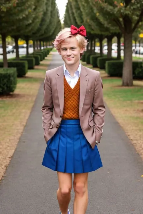 1boy, blonde hair, blazer, brown sweater, collared shirt, neck ribbon, blue skirt, full body, feet, blue eyes, blue eyes, pink hair, hair bow, red bow, hunk, happy, looking at viewer