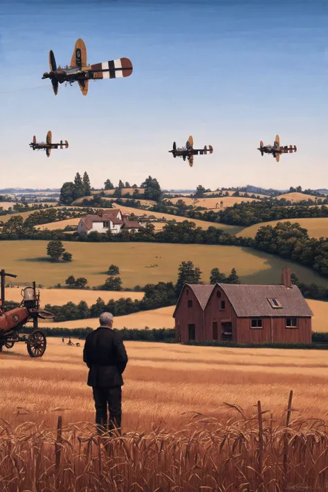 (<lora:Dur3r:0.7>, Dur3r, a Dur3r man and woman in the foreground wearing clothing from the renaissance:1),(<lora:Stalenh4g:1>(flying machines in the background:1)),and a rural farm house to one side in the background,high quality,surreal,masterpiece,Dur3r style painting,