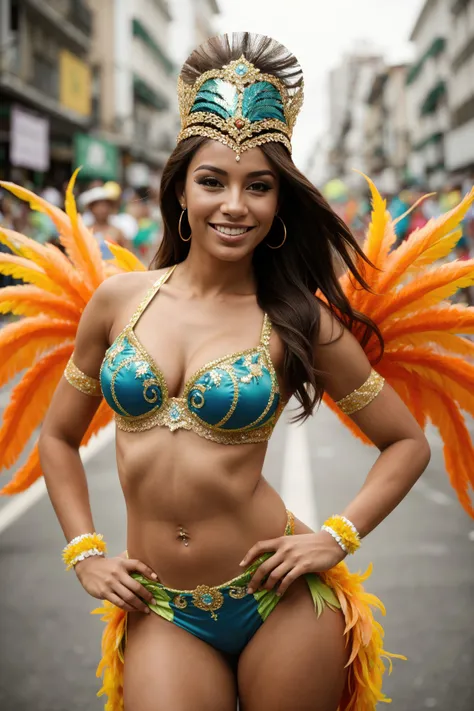 Beautiful Brazilian Girl、black hair、With bangs、blue eyes、smile、Purple peacock crown、huge breasts、plump body、Purple peacock feather、purple micro bikini、Purple knee-high boots、Crowded with many spectators、at Rio&#39;s Samba Carnival