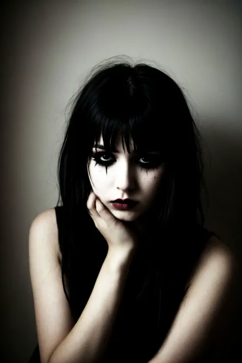emo goth woman, 20 years old, sad, crying, tears, smudged make up, dark, deep photo, grainy