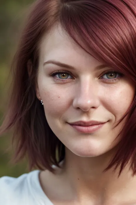 focus face, ((ultra close up face photo of a swedish woman)), 25 years old, (looking away:0.8), shy, blushing, dimples, cute smile, in love, unsecure, oily skin, radiant hazelnut eyes, Feathered cut hair cut, Burgundy hair color