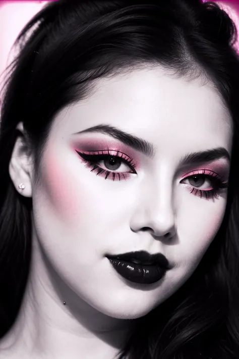 mj,face close up, glamour photography of a random stylish goth girl, smile, edgy vibe, dark, mascara, eyeliner, dark cheeks, Angular jawline with defined angles, Full lips, Round eyes, Plump cheeks, Pointed chin, skin pores, shiny skin, grainy, light beams streaming through haze, (infrared filter:1.4)