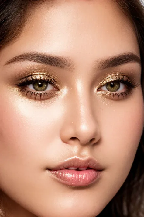 face close up, glamour photography of a random beautiful girl, Naturally glittering specks in the iris, Contoured cheeks, Button nose, Wide-set eyes, Winged eyeliner, skin pores, shiny skin, grainy, direct flash photography, sepia tone