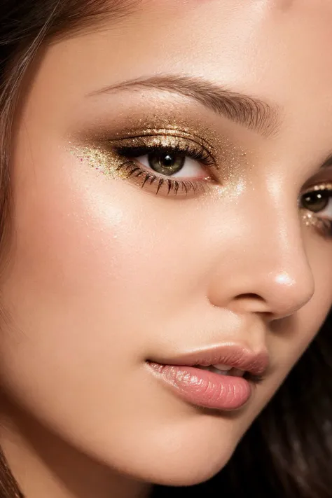 face close up, glamour photography of a random beautiful girl, Naturally glittering specks in the iris, Contoured cheeks, Button nose, Wide-set eyes, Winged eyeliner, skin pores, shiny skin, grainy, direct flash photography, sepia tone