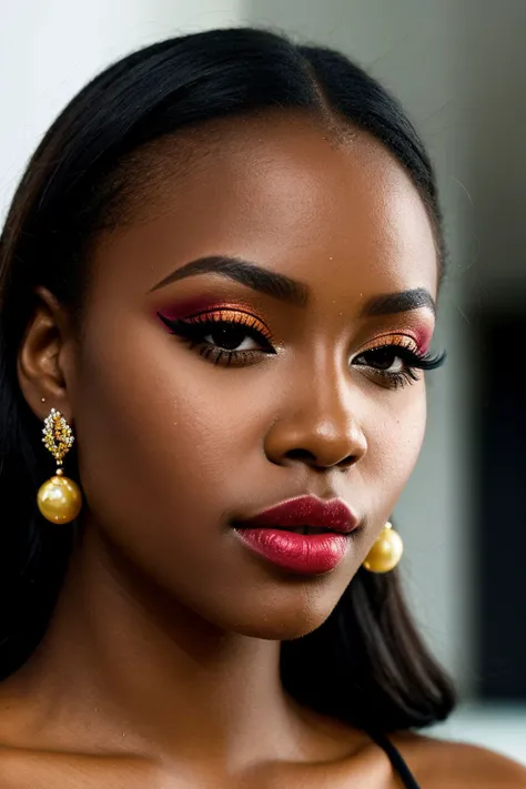 face close up, glamour photography of a Togolese woman, Detailed, liquid eyeliner, ball earrings, sheer lipstick, implied lines, Winged eyeliner, Long eyelashes, glitch hop