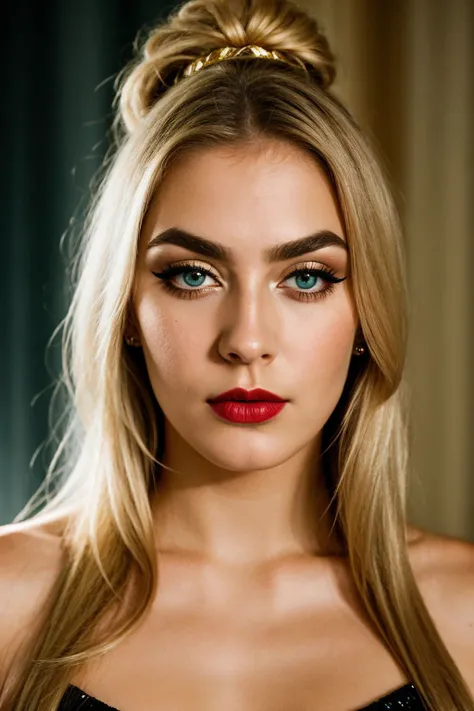 an eye contact of a Swedish woman, disgust, Stately, glitter eyeliner, satin lipstick, golden triangle, Almond-shaped eyes, Full eyebrows, cloud rap, soft lighting, vignette