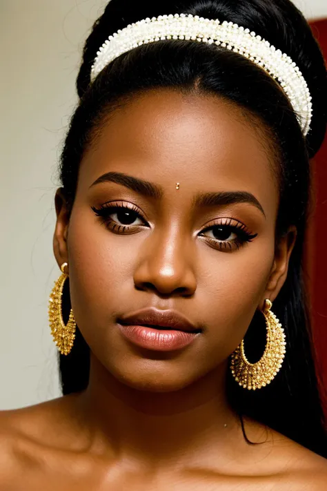 face close up, glamour photography of a Equatorial Guinean rocker girl, Magnificent, tightline eyeliner, front-back earrings, gloss lipstick, radial balance, Cleft chin, Angular features, lo-fi
