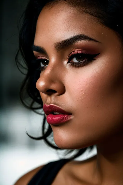 face close up, moody atmosphere photography of a Montserratian woman, disgusted, Exquisite, liquid eyeliner, satin lipstick, simplicity, Defined jawline, Long face, outrun