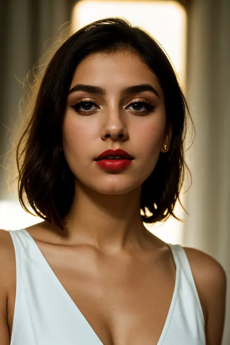 an eye contact of a Cypriot woman, contempt, Exquisite, tightline eyeliner, stain lipstick, triangles, Petite lips, Rosy cheeks, futuresynth, silhouetted against the bright light, technicolor